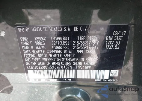 2018 Honda Hr-V Ex из США, поврежденный, VIN 3CZRU6H5XJM704679